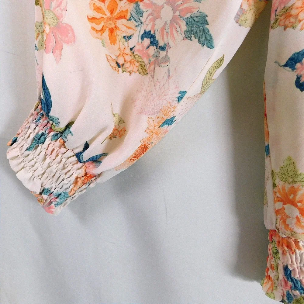 Rose + Olive Floral Smocked Blouse Cream Orange Pink Blue Long Sleeve Large - Picture 6 of 10